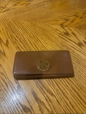 Michael Kors Cognac Pebbled Leather Continental Wallet with Gold MK Emblem